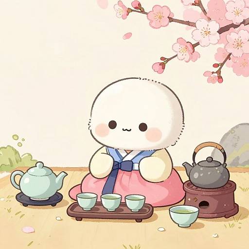 Cute chibi-style drawing of a round, white, faceless character in a pink kimono, serving tea under cherry blossoms with a te