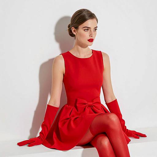 Elegant Woman in Red Against White Wall