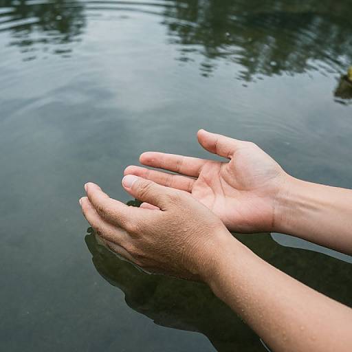 Photograph of light-skinned hands with water droplets, palms facing up, floating in clear, calm, dark green water, with tree reflections.