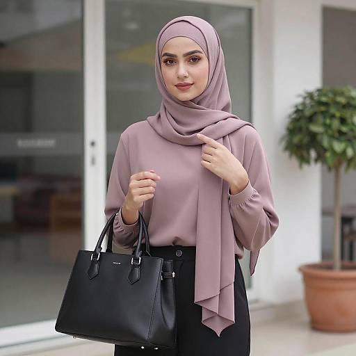 Young Woman in Mauve Hijab Pointing