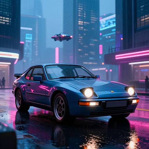 Photorealistic digital artwork of a blue, 1980s Porsche 944 driving in a neon-lit, rainy urban cityscape with a hovering