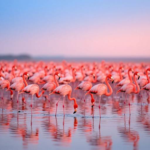Photograph of a vibrant pink flamingo flock at sunset, standing in shallow water, with bright reflections and a clear blue-purple sky.