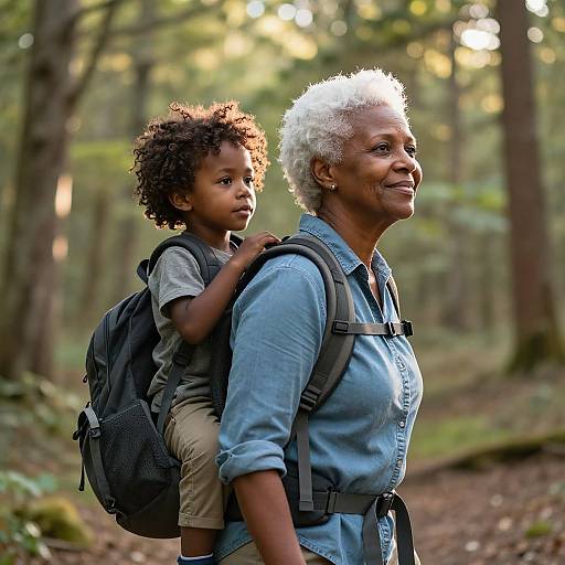 Photograph of an African-American grandmother with white curly hair, wearing a blue shirt, carrying a young boy with curly hair in a forest, both with