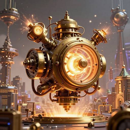 Steampunk-style, glowing, mechanical device with sparks and gears, erupting with fire, set against a futuristic cityscape at night. CGI artwork
