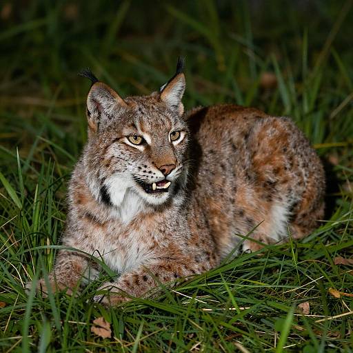 Lynx in Green Grass at Night