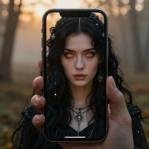 Photograph of a woman with glowing orange eyes, long black wavy hair, and gothic attire, reflected in a smartphone screen, in a mist