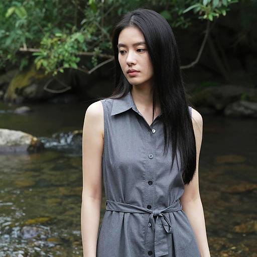 Asian Woman in Gray Dress by River