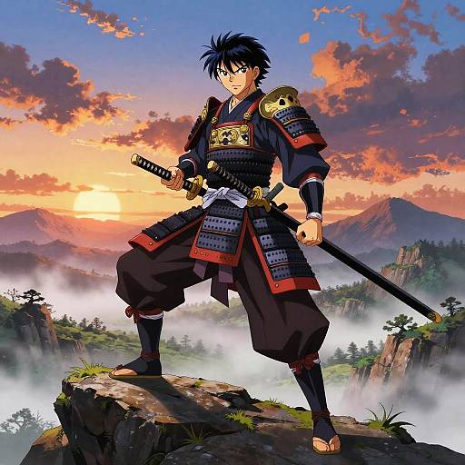 Anime-style drawing of a black-haired samurai in armor, holding a sword, standing on a cliff at sunset with misty mountains.