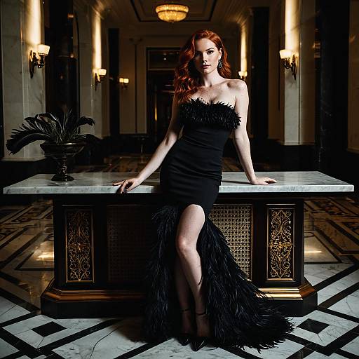 Redhead Woman in Black Feather Trim Dress in Luxury Hotel Lobby