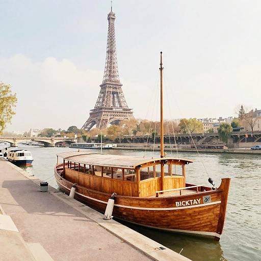 Photograph of a wooden Bateaux-Mouches boat docked on the Seine with the Eiffel Tower in the background, sunny Paris