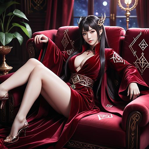 Seductive Arcane Elementalist on Velvet Sofa