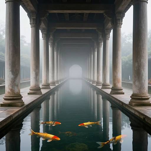 Photograph of a misty, colonial-style colonnade with reflective koi pond, featuring vibrant orange and yellow fish, under gray columns.