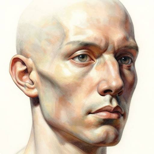 Digital hyper-realistic portrait of a bald, pale-skinned man with serious expression, light blue eyes, and subtle shadows, against a white background.