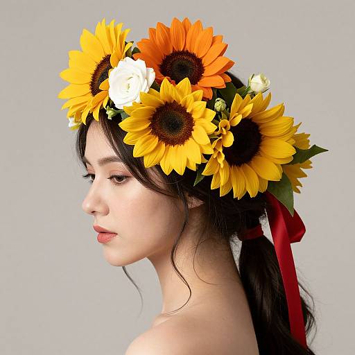 Photograph of a young Asian woman with fair skin, black hair in a ponytail, wearing a vibrant sunflower and white flower crown with a red