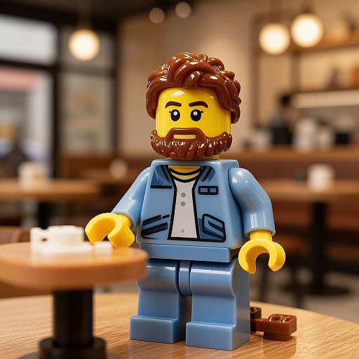 Photograph of a yellow LEGO minifigure with brown hair and beard, wearing blue jacket and white shirt, standing on a wooden table in a blurred
