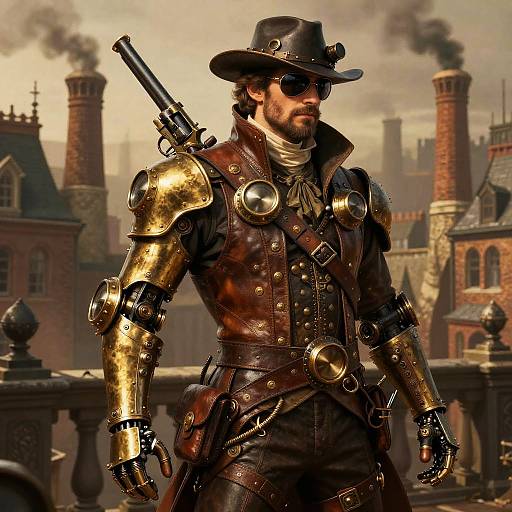 Photorealistic digital art of a rugged, bearded steampunk cowboy with gold robotic arms, black leather vest, hat, and sunglasses, standing