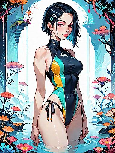 Anime Girl in Monokini Swimwear in Fantasy Setting