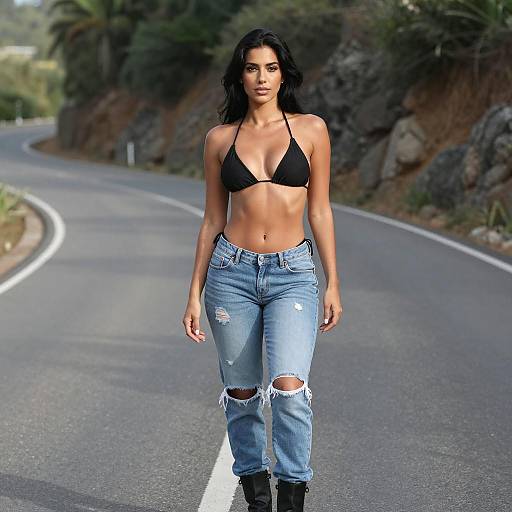 Woman in Black Bikini Top and Ripped Jeans on Road
