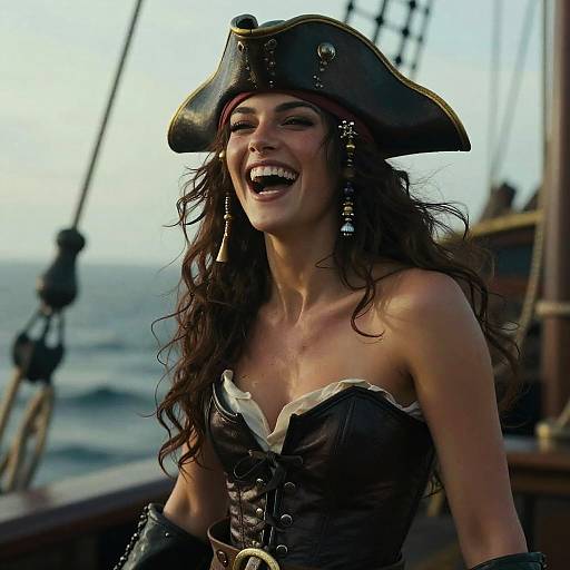 Photograph of a smiling woman with long curly brown hair, wearing a black pirate hat, corset, and strapless top, on a ship at