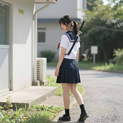 Asian Sailor Girl with Sword in Sunlight
