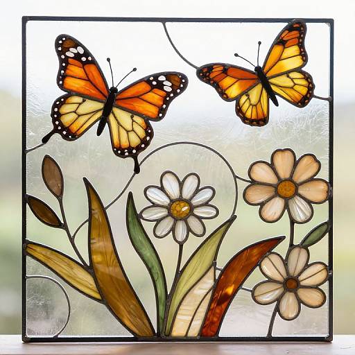 Stained glass artwork of two orange and black butterflies flitting above white and yellow daisies with green leaves.