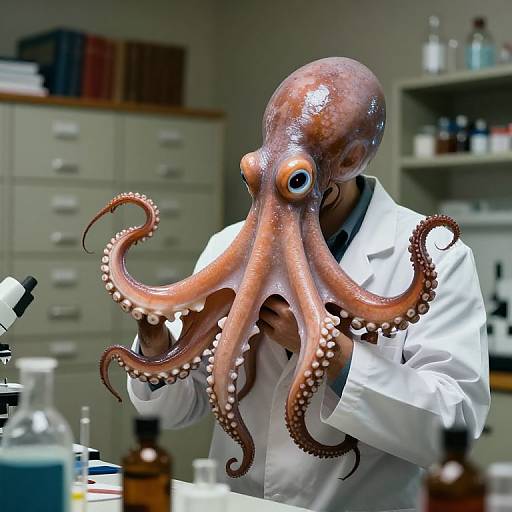 Photograph of a scientist in a white lab coat wearing a realistic, detailed octopus mask with large, expressive eyes, standing in a cluttered laboratory