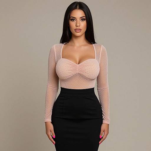 Photograph of a curvy woman with long black hair, wearing a sheer pink long-sleeve top and black high-waisted skirt, standing