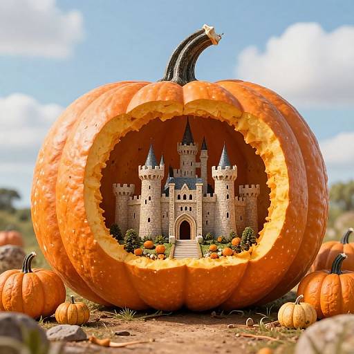 Photograph of a large, hollowed-out pumpkin with a detailed castle model inside, surrounded by smaller pumpkins and autumn scenery.