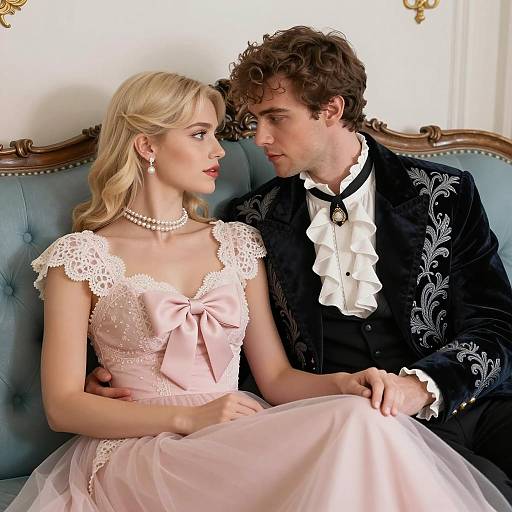 Elegant Couple on Ornate Blue Couch