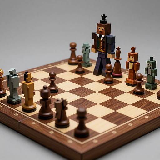 Photograph of a pixel-style wooden chessboard with colorful, blocky chess pieces arranged for a game, set against a gradient gray background.