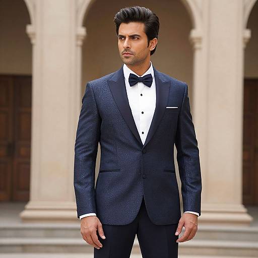Photograph of a handsome, dark-haired man in a black, textured suit with a white shirt and black bow tie, standing in front of stone arch
