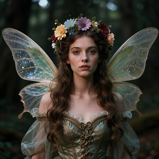 Photograph of a fair-skinned, brown-haired fairy with translucent wings, flower crown, and green lace dress in a dark forest.