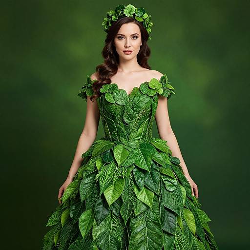 Photograph of a woman with long brown hair, wearing an elaborate green leaf dress and leaf crown, against a dark green background.