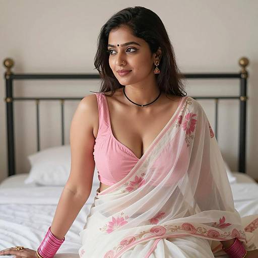 Indian Woman in Pink Floral Sari Sitting on Bed