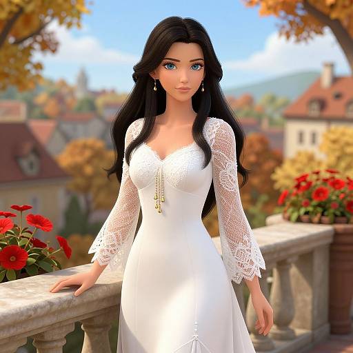 Digital artwork of a beautiful woman with long black hair, blue eyes, wearing a white lace dress, standing on a balcony with red flowers, autumn town