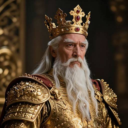 Regal photograph of an elderly white man with a long white beard, wearing an ornate golden crown and elaborate, gold armored suit, standing in a