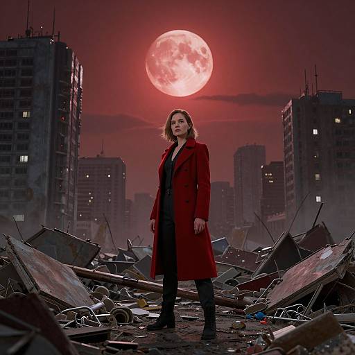Photograph-style digital art: Confident woman in red coat stands amid ruined buildings, under a glowing red full moon, urban apocalypse.