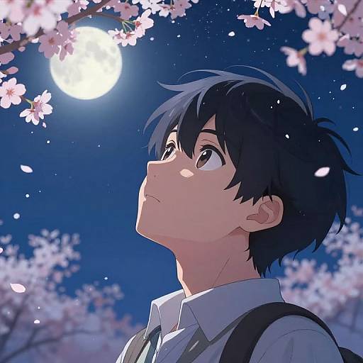 Anime-style drawing of a young boy with black hair gazing at a full moon through cherry blossom branches at night.