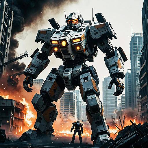 Armored Mech Pilot Commanding Giant Mech in Burning City