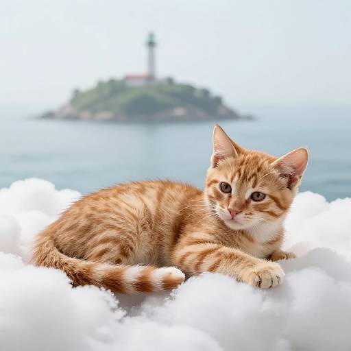 Photograph of a cute, orange tabby kitten with white stripes lounging on fluffy white clouds, with a distant lighthouse island and blue sea in