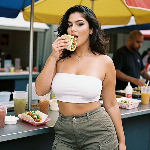 Photograph of a Latina woman with dark hair, wearing a white strapless top and olive green pants, eating a taco at an outdoor food stall.