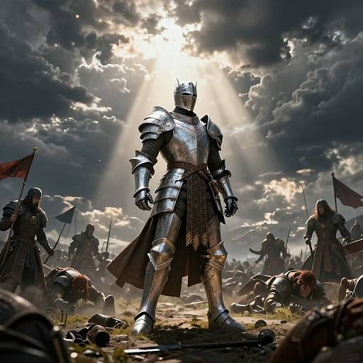 Photorealistic digital art: Sunlit armored knight with helmet, standing victorious amidst battlefield, fallen soldiers, and flags, dark clouds overhead.
