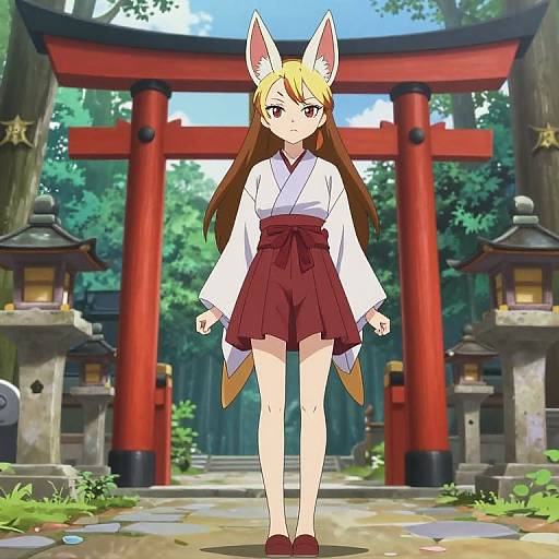 Anime-style drawing of a fox-eared girl in a white kimono and red hakama, standing in front of a red torii gate in a