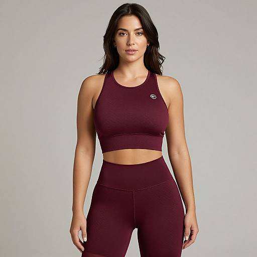 Photograph of a fit, Latina woman with long black hair wearing maroon athletic bra and high-waisted leggings, standing against a plain gray background