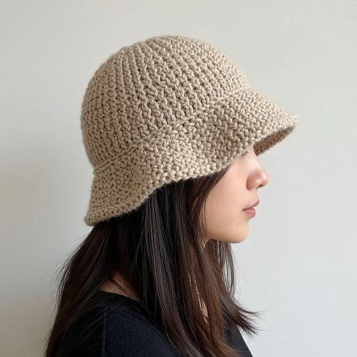 Photograph of an Asian woman with long black hair wearing a beige, hand-crocheted bucket hat, side profile against a white background.