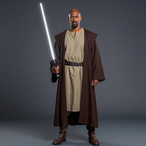 Man in Jedi Costume Holding Lightsaber