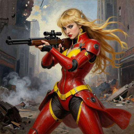 Digital artwork: Blonde woman in red, yellow, and black armored suit, holding a sniper rifle, amidst a war-torn city street with smoke and
