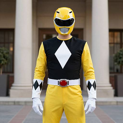 Photograph of a person in a yellow and black superhero costume with a diamond-shaped chest emblem, white gloves, and helmet, standing in front of a