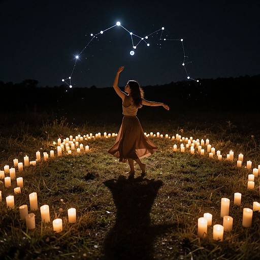 Photograph of a woman in a flowing dress, dancing in a field of glowing candles under a starry night sky.