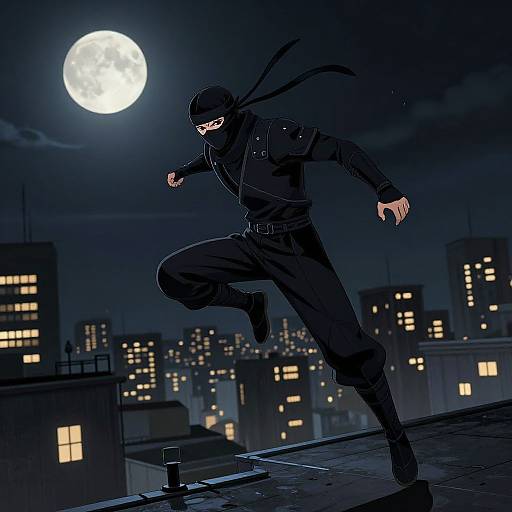 Digital art of a ninja in black gear, mask, and gloves, leaping on a rooftop under a bright full moon, with illuminated city buildings in